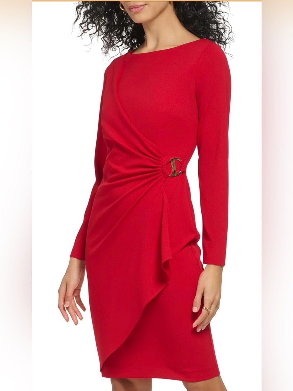 DKNY Red Long-Sleeve Draped Dress with Gold Buckle Detail